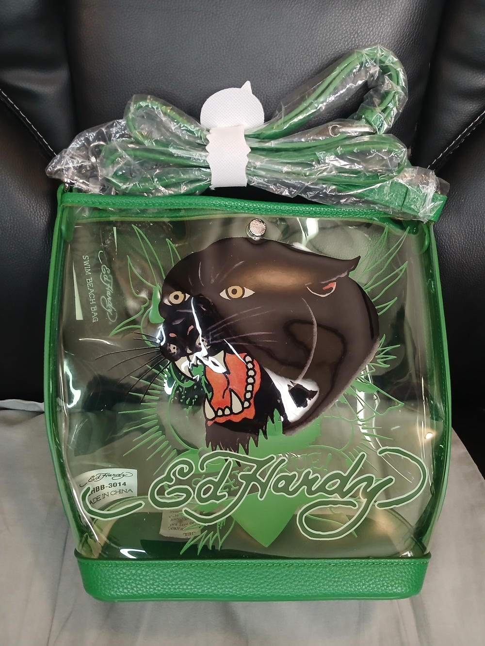 Ed Hardy Green Clear Cat Crossbody Beach Bag